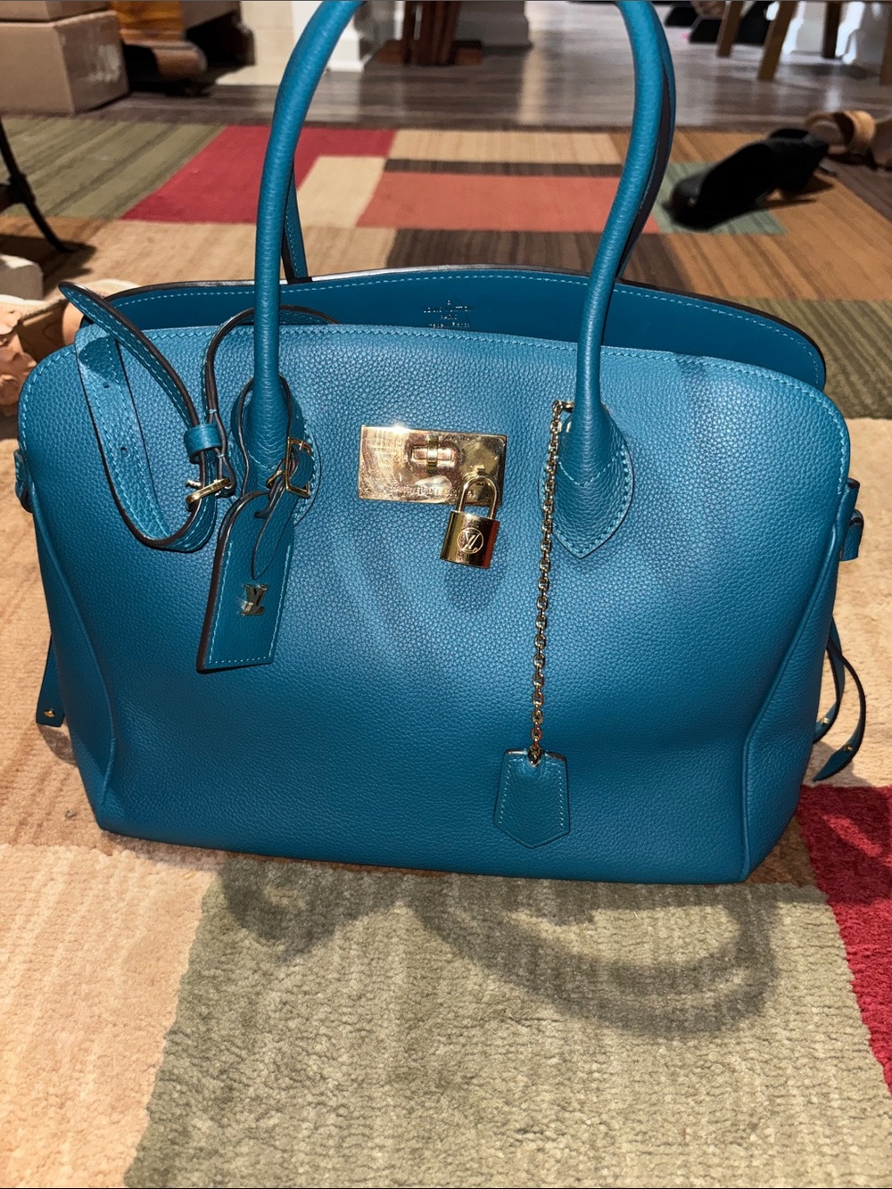 Louis Vuitton Mills Teal Leather Satchel with Gold Lock
